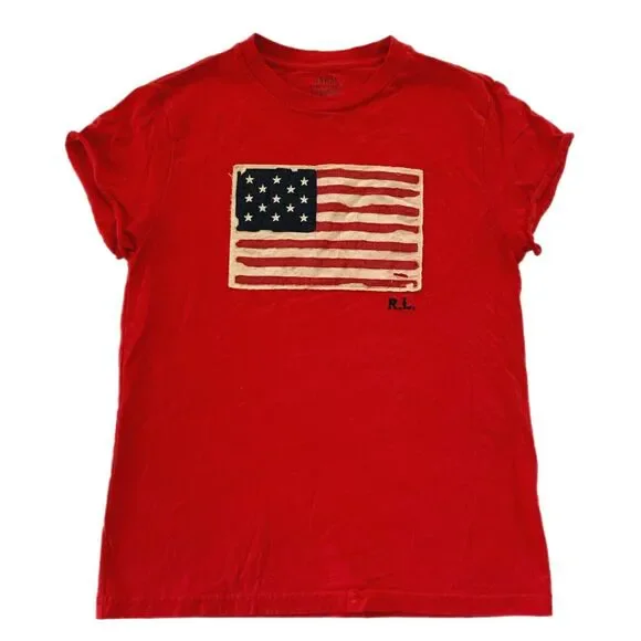 Polo Ralph Lauren Medium T Shirt Red Distressed Flag Short Sleeve Designer - Picture 5 of 5